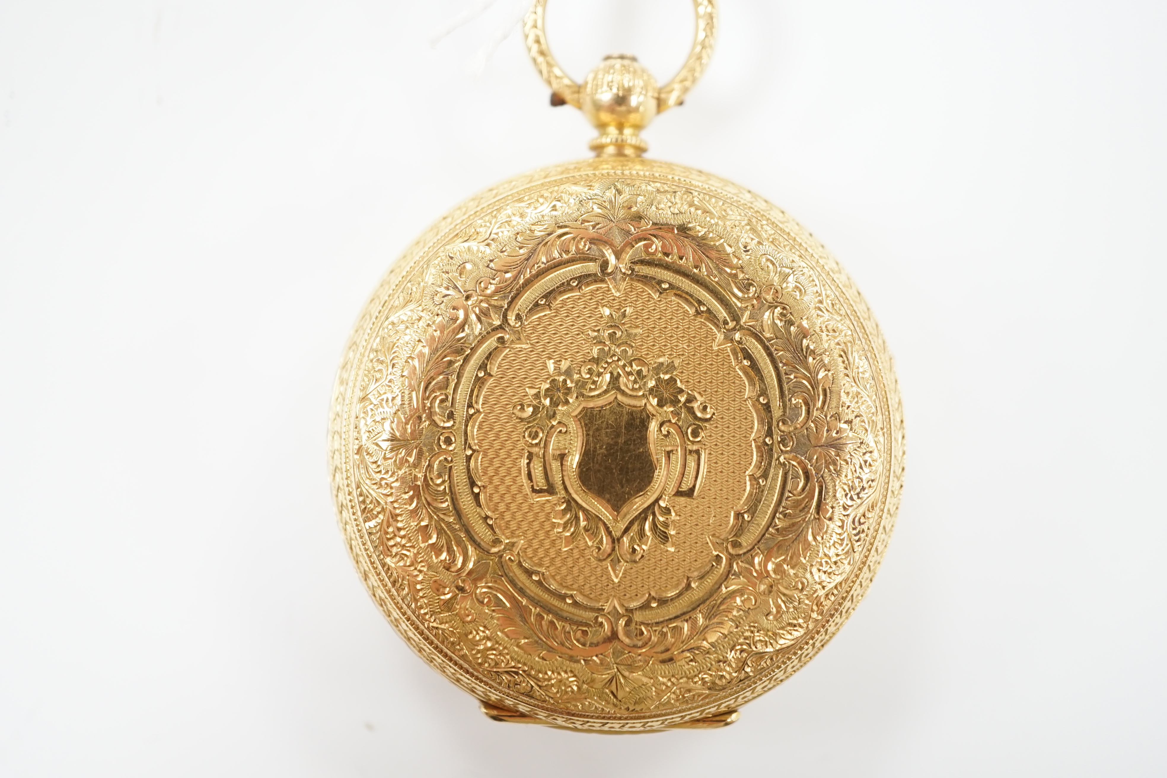 A late Victorian engraved 18ct gold open face key wind pocket watch, by J. Harris, Manchester, with Roman dial, case diameter 43mm.